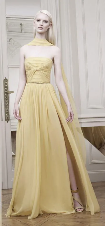 Elie Saab 2016 Prom Dresses Formele Avondjurken met Strapless A Line Plooien Champagne Chiffon Side Split Celebrity Jurk