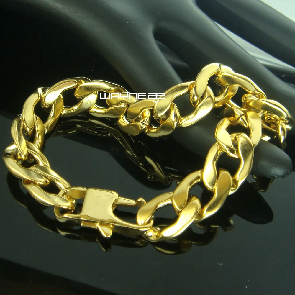 (b167) l bracelet en or jaune 18 carats pour homme, chaîne gourmette solide, longueur 22 cm