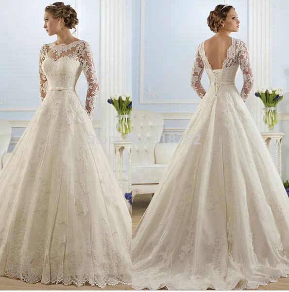 2016 Full Lace Wedding Dresses A Line Sheer Long Sleeves Appliqued ...