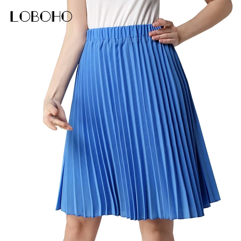 Wholesale- High Waist Pleated Skirt Summer 2017 Fashion Vintage Chiffon Skirt Women Knee Length Elastic Slim Midi Skirts Womens Clothing