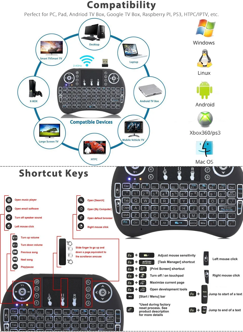 MINI RII I8 Trådlöst tangentbord 2.4g Air Mouse Remote Control TouchPad Backlight Backlit för Smart Android TV Box Tablet PC English 