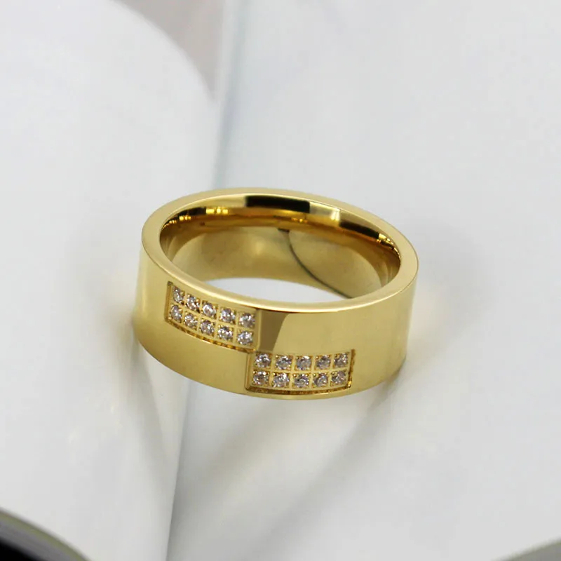 Titan Stahl Schmuck Zirkonia Männer Ringe Mode Fingerring Gold 8mm Größe 7-13