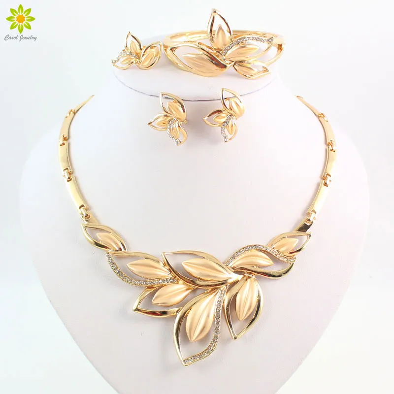 African Jewelry Vintage Jewelry Gold Plated Leaf Shape Necklace Set Fashion Wedding Elegant Costume Jewelry Set