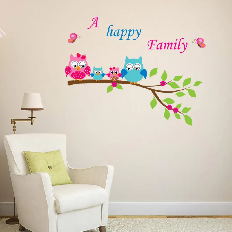 Ugglor lycklig familj av fyra decal klistermärken En lycklig familj väggkonst väggmålningar Barnrum Nursery Lettering Quote Wall Home Decoration