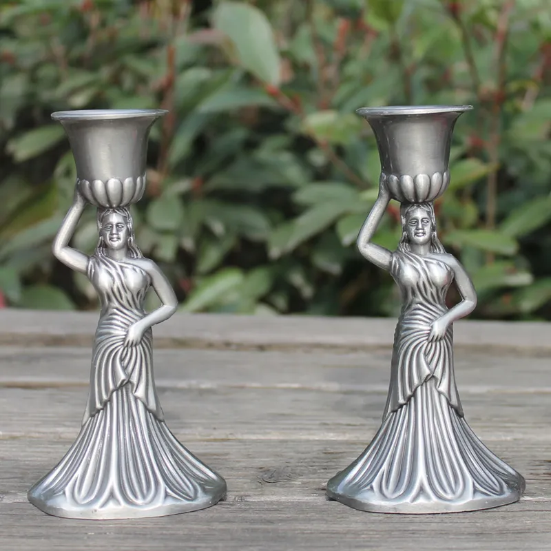 düğün veya olaylar, 1 çift / Retro tek kafa için Pewter kaplama melek mum çubuk 14 cm yükseklik ev dekorasyonu şamdanlar