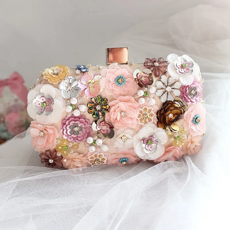 Elegant Princess Cute Hand Bags For Evening Clutches With Chain Wedding Bridal Handbags Flowers Sequins Bridal Hand Bag Handmade