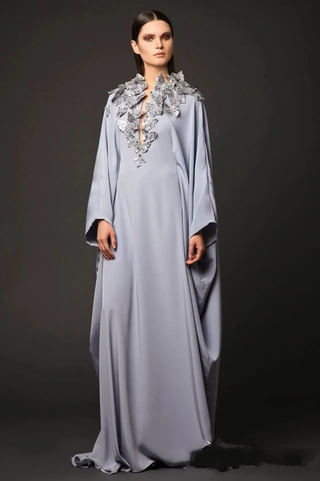 Arabic Dresses Party Evening Gowns V Neck Butterfly Appliques Long Sleeve Prom Dresses Muslin Dubai Abaya Mother Of Bride Celebrity Gowns