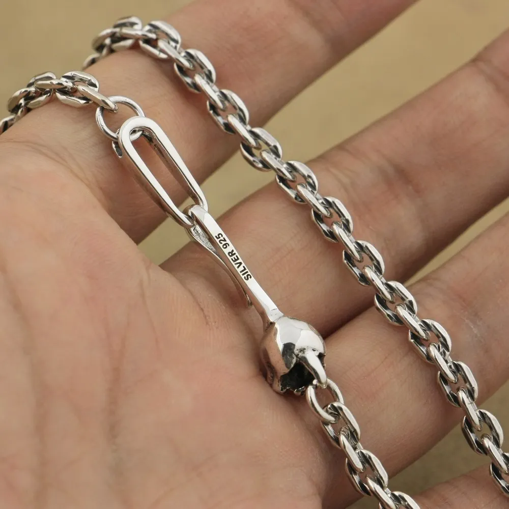 LINSION 4mm Square Link Chain 925 Sterling Silver Skull Hook Clasp Charms Necklace TA351941708