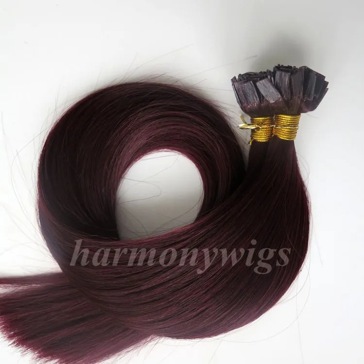 200G 200Strands Pre Bonded Flat Tips Hair Extensions 18 20 22 24Inch # 99J / Rödvin Brasiliansk Indisk Remy Keratin Mänskligt Hår