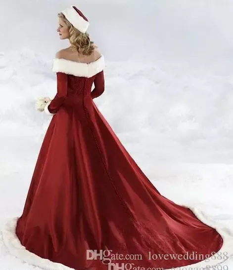 Vestidos de Navidad rojos de manga larga Nuevos vestidos de otoño de invierno Vestidos de novia de una línea Vestido de novia de Navidad hasta el suelo de satén con hombros descubiertos