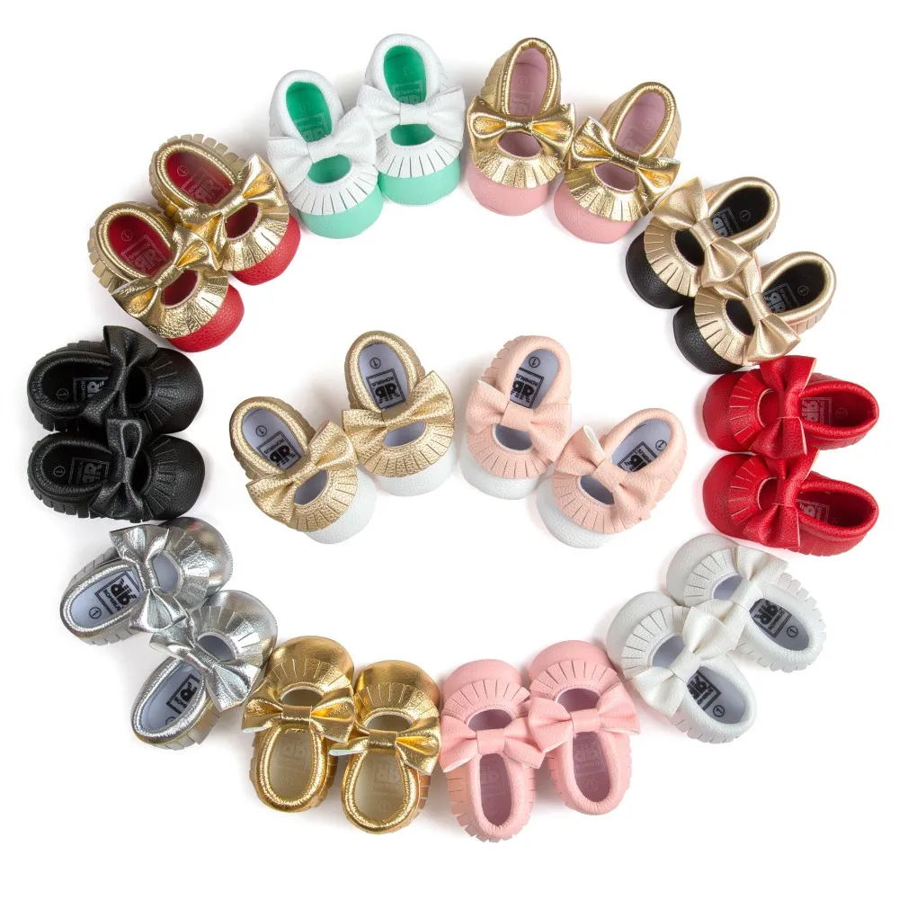 Wholesale- ROMIRUS Newborn Baby Girls Princess Mary Jane Big Bow Fringed Moccasins Soft Moccs First Walkers Pram Crib Footwear