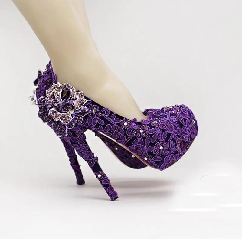 High Heel Fashion Fower Rhinestone Bridal Shoes Purple Lace Wedding Shoes Beautiful Platform Crystal High Quality Women Pumps