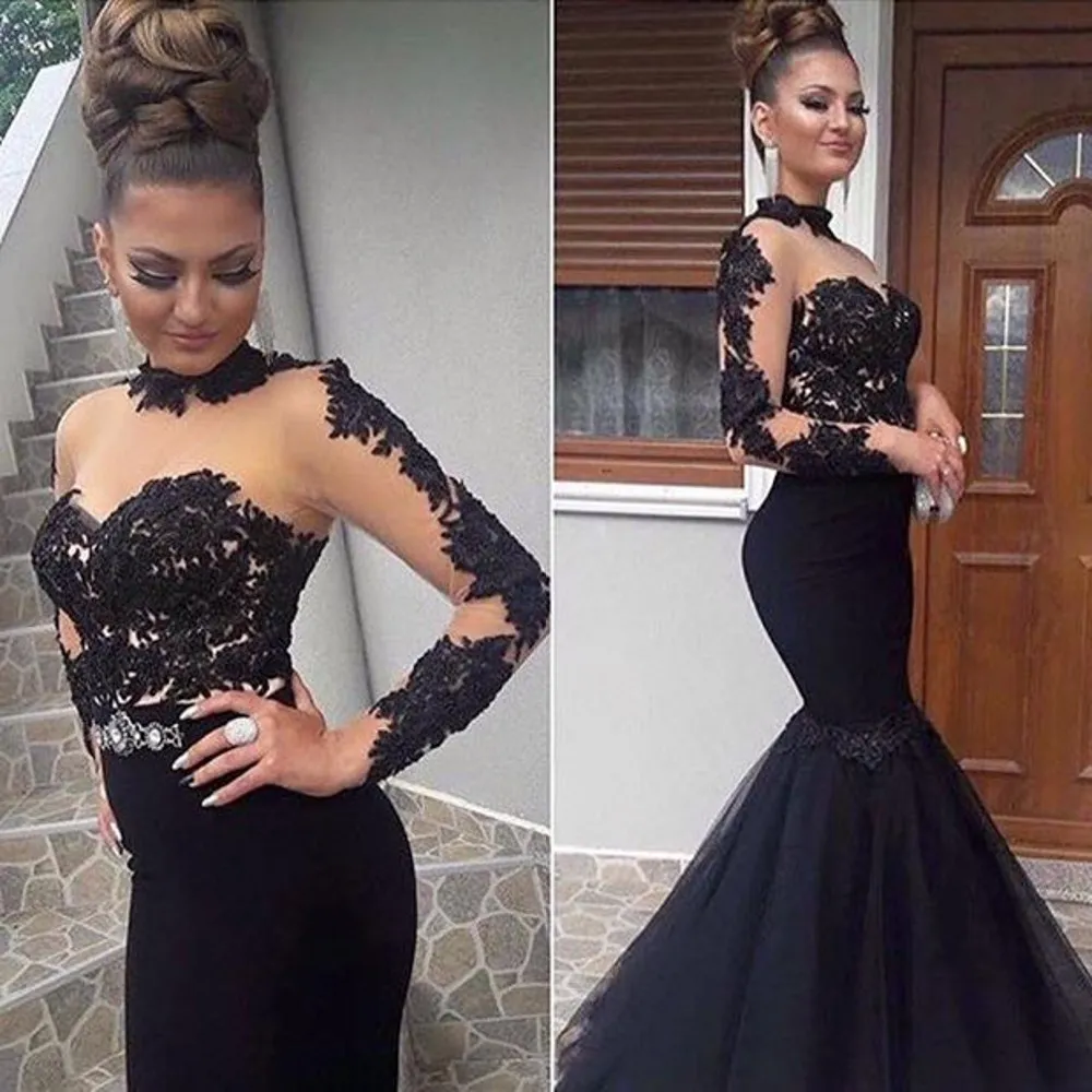 Stylowa wysoka szyja Prom Dresses Sexy See Przez Tiul Mermaid Long Prom Party Dress Glassion Aplikacje Długie Rękaw Zipper Suknia