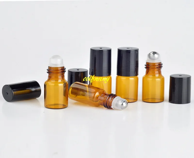 100 pçs / lote Frete Grátis 3 ML Roll On Amber garrafa de Vidro Recarregáveis ​​Frascos de Perfume Vazio Caso Óleo Essencial Com Tampa De Plástico