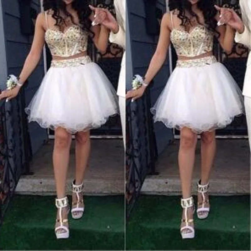 Stunning Two Piece Short Homecoming Dress Gold and White Luxury Gold Stones Spaghetti Straps Prom Gowns Custom Made High Quality
