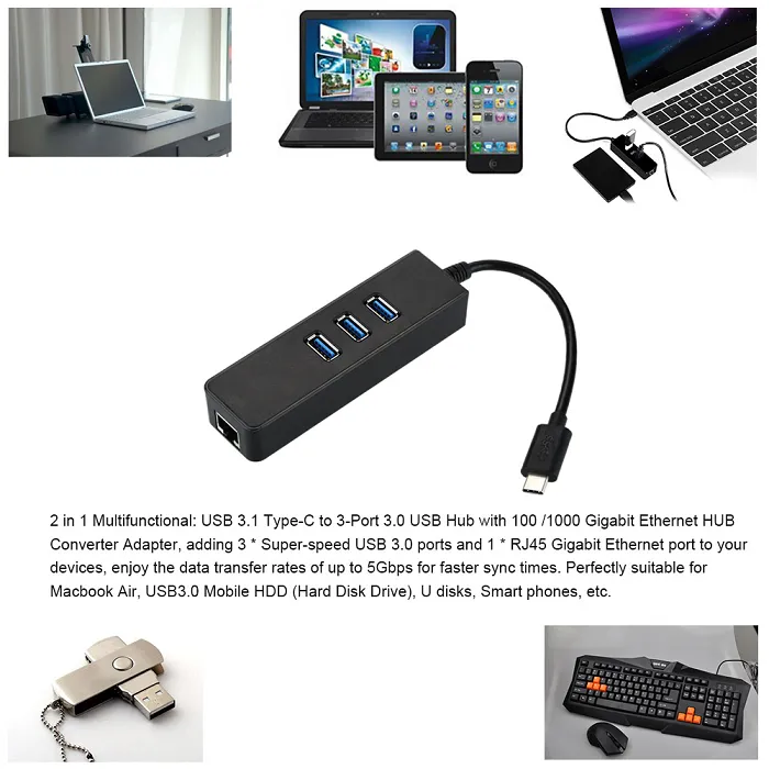 USB 3.1 Typ C Type-C till Gigabit Ethernet-nätverk + USB 3.0 HUB 3-Port Cable LAN-adapter Svart för MacBook Chromebook