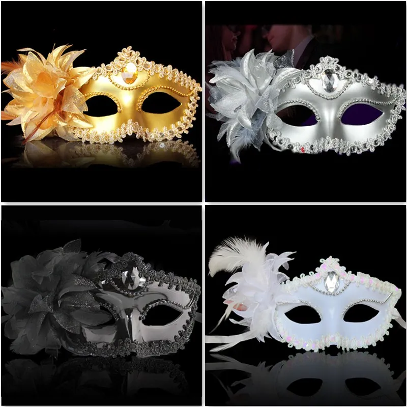 Luxury Party Masks Sexy eyeline Gemstone Venetian Masquerade Mask Feather Flower Aside Sequin Lace Prom Mask black white gold silver