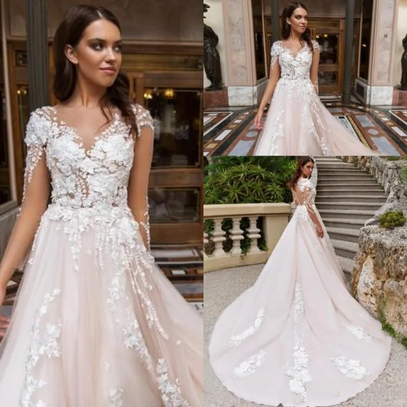 New Romantic Blush Backless Wedding Dresses Sheer Illusion Look Vestidos 3D Flora Appliqued Long Train Bridal Gowns