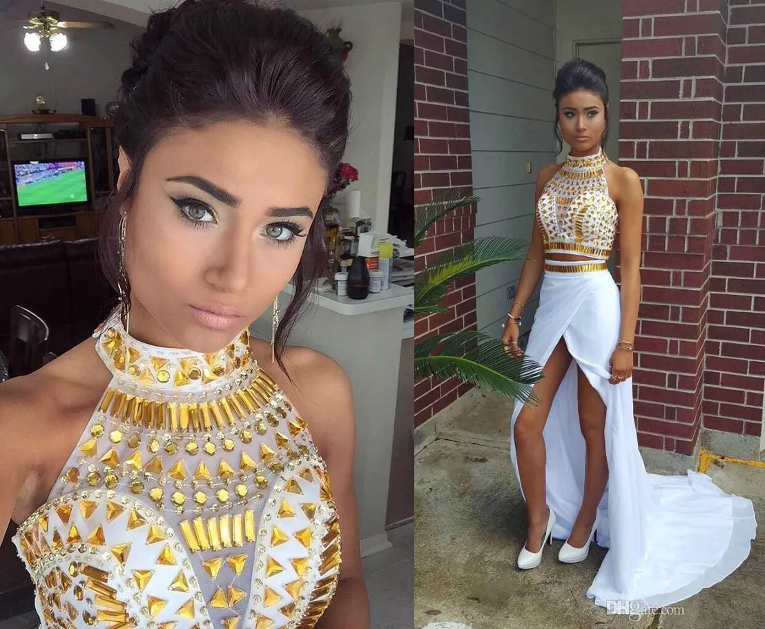 2016 Sparkly Two Pieces Prom Dresses met Gouden Rhinestone Sexy Hoge Hals Speciale Gelegenheid Toga's Front Split Sheath Jurken Party Avond