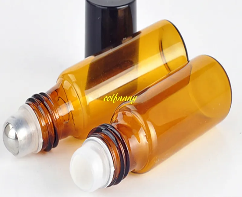 200 stks / partij Snelle verzending 5 ml Amber Glass Roll on Flessen Essentiële Olie Lege Parfum Fles met Plastic Black Cap