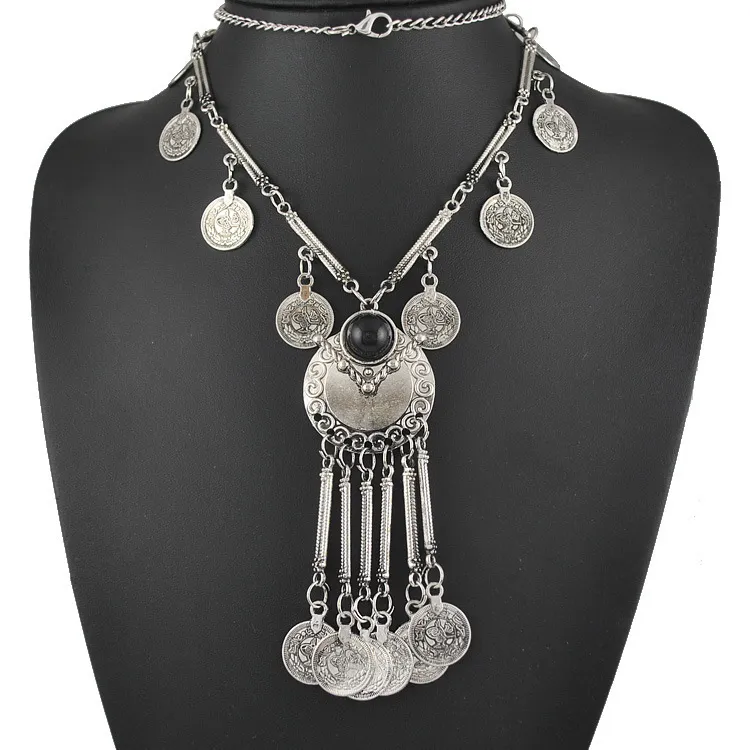 Bohemian Vintage Coin Long Pendant Necklace Silver Chain Gypsy Tribal Ethnic silver jewelry Tassel Necklace for women Ancient Coins Chains