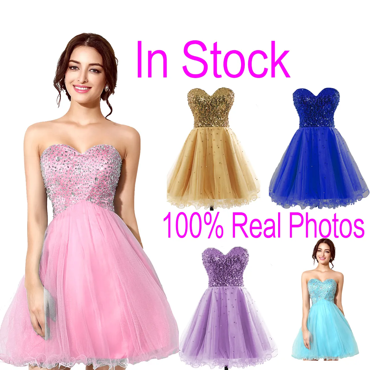 In Stock Pink Tulle Mini Crystal Homecoming Dresses Beads Lilac Sky Royal Blue Short Prom Party Graduation Gowns 2019 Cheap Real Image Hot
