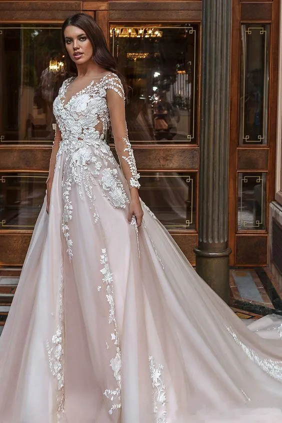 2018 новый дизайнер высокое качество-Line свадебные платья бальное платье великолепный и длинные рукава с V-образным вырезом свадебные платья