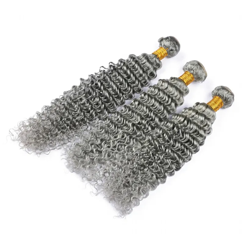 Paquetes de cabello humano rizado profundo de color gris Paquetes de cabello malasio virgen gris puro teje Extensiones de cabello gris de onda profunda Dhl 1784151