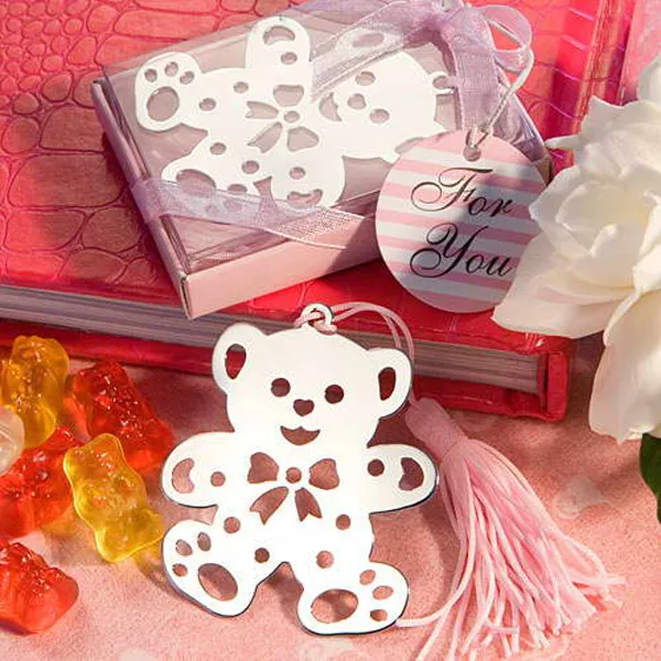 20 stks Speciaal Ontwerp Roze / Blauw Kwastje Zilver Bear Bookmark voor Bruiloft Baby Shower Party Verjaardag Gunst Gift CS001