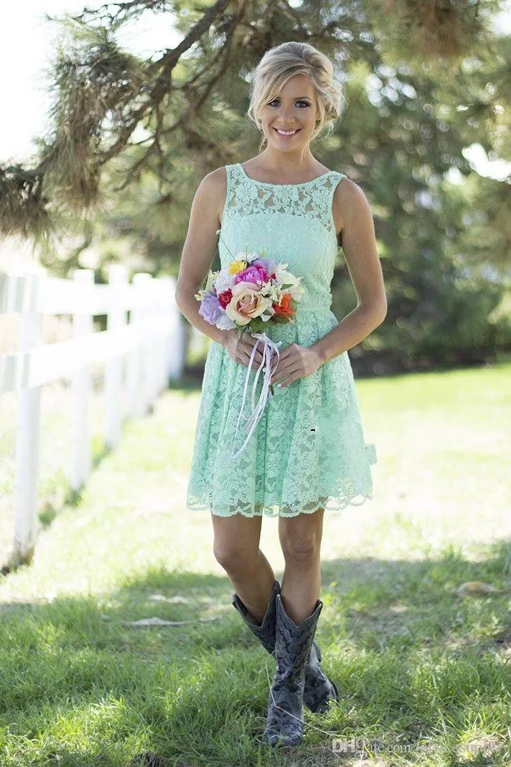 Estilo do país de renda curta vestidos de dama de honra estilo misto de 2020 vestido formal para júnior e adulto dama de honra na altura do joelho vestidos de festa de casamento