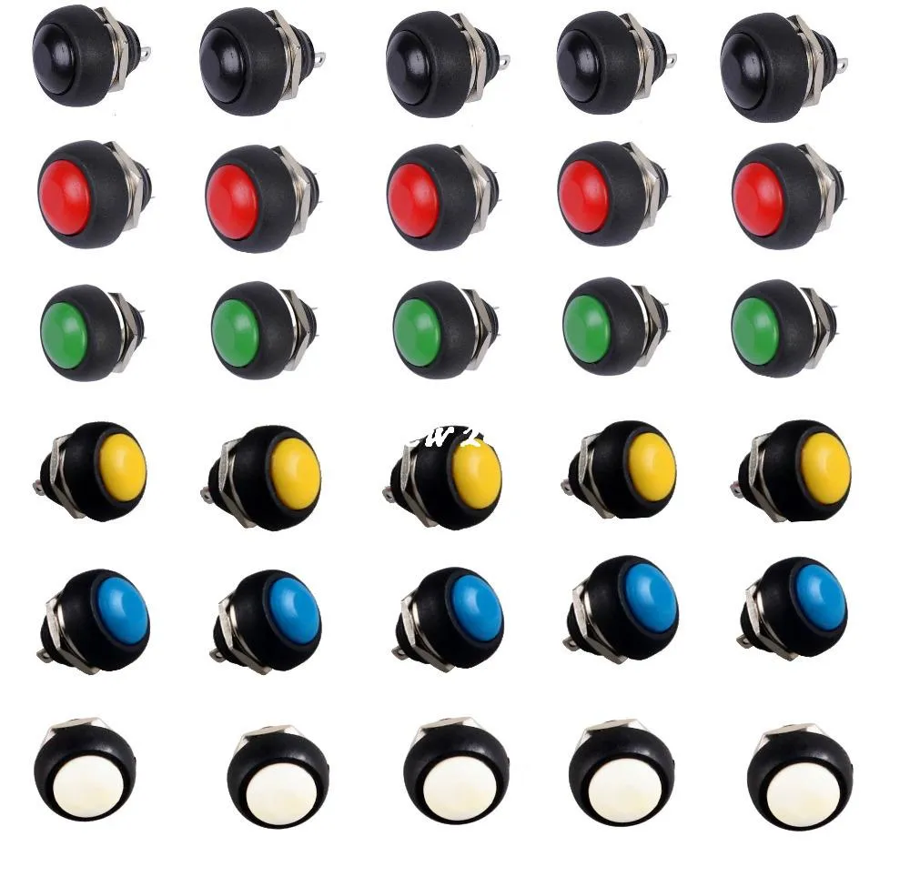 100% helt ny 30st Svart röd grön gul vitblå 12mm Vattentät Moment Push-knapp Switch Sales