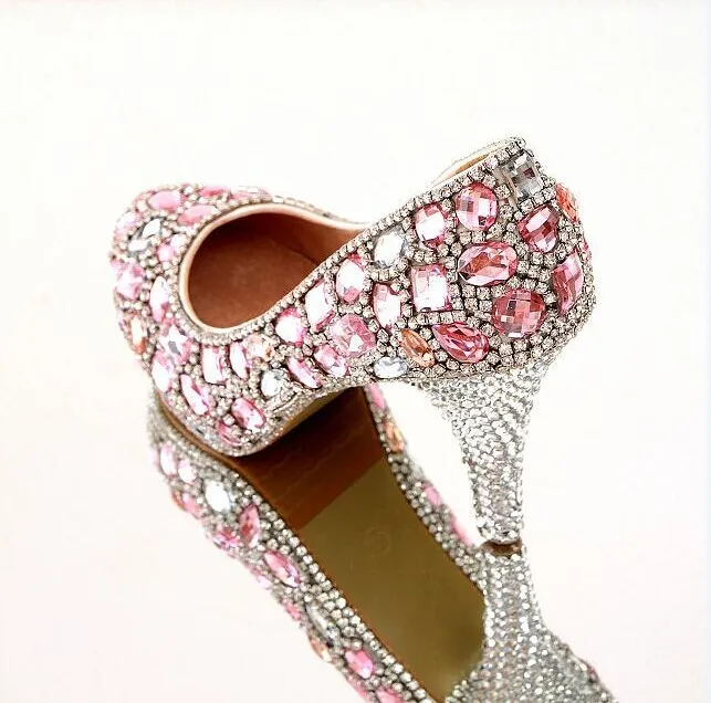 Hermosos zapatos de novia de cristal rosa, preciosos tacones altos de diamantes de imitación hechos a mano de lujo para mujer, zapatos de fiesta de cumpleaños para niña