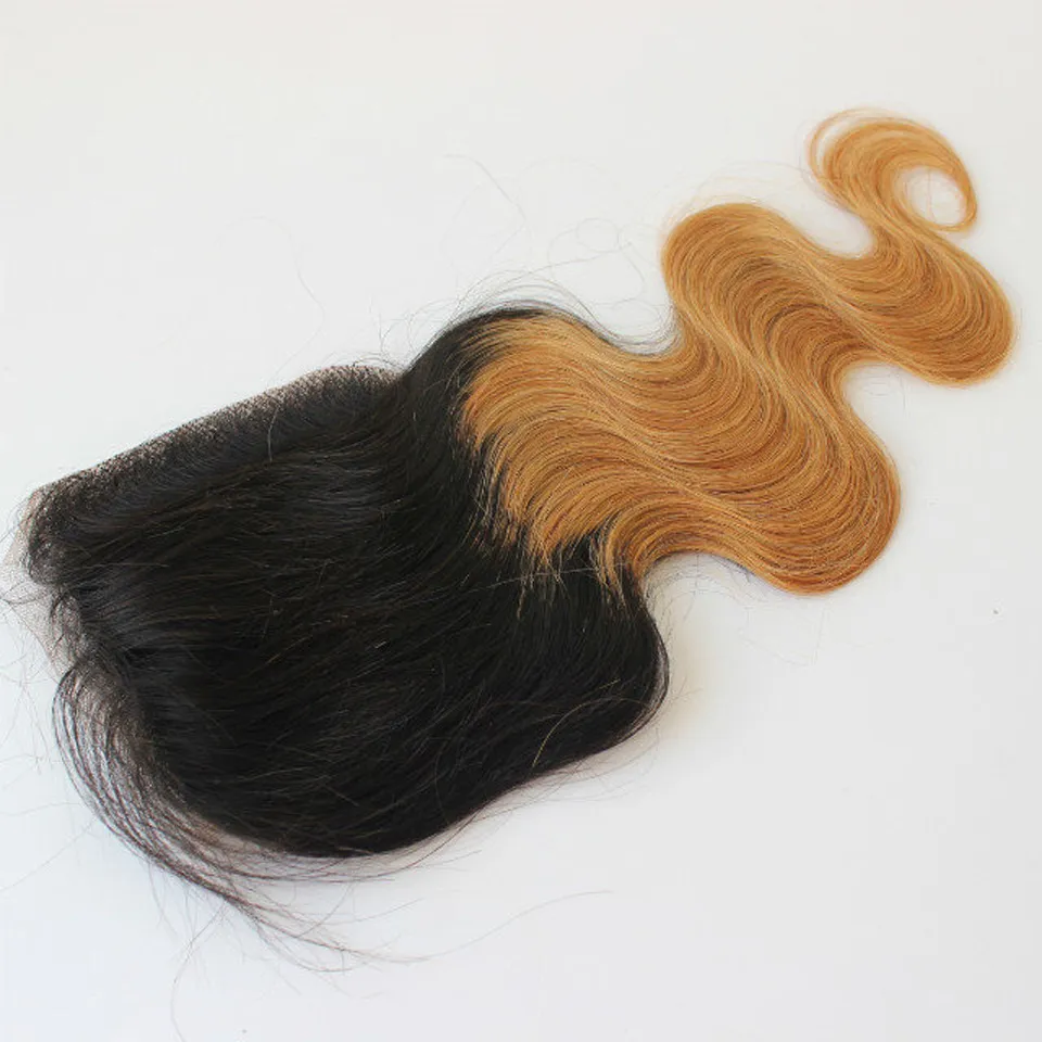 1b/30 Two Tone Body Wave 4X4 Capelli umani brasiliani Ombre Chiusura con capelli del bambino e nodi sbiancati