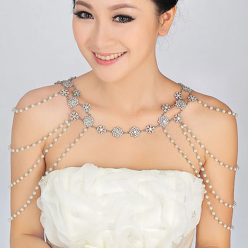 Crystal Rhinestone Bridal Pearl Bridal Set With Ribbon Chain Shoulder