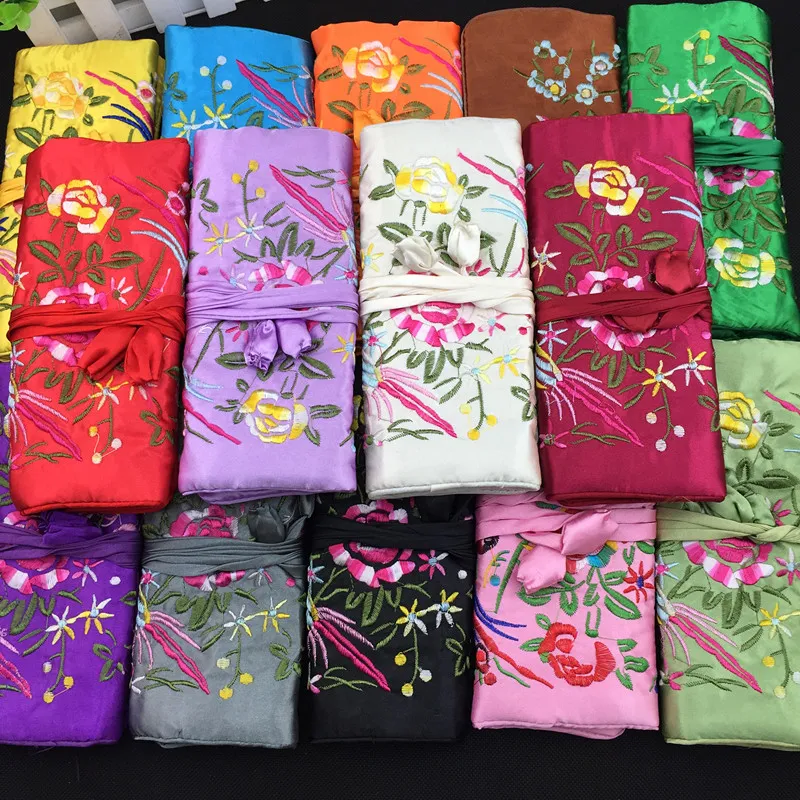 刺繍の花の鳥の宝石類の旅行ロールアップバッグの大きい携帯化された化粧品袋のジッパー巾着化粧の収納袋のポーチ