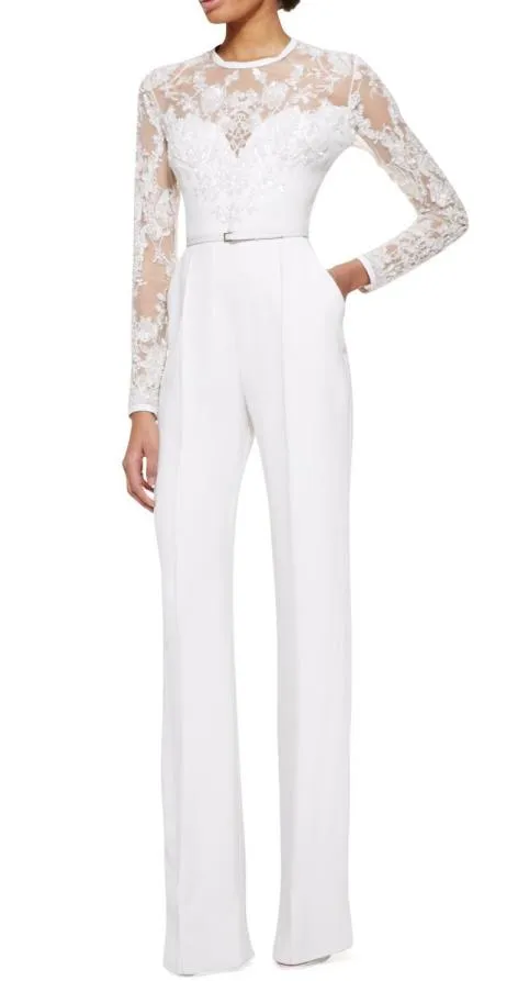 2019 White Elie Saab Mutter der Braut Hose -Anzüge Jumpsuit mit langen Ärmeln Spitzenverzerrte Frauen formelle Kleider Abend Wear9287845