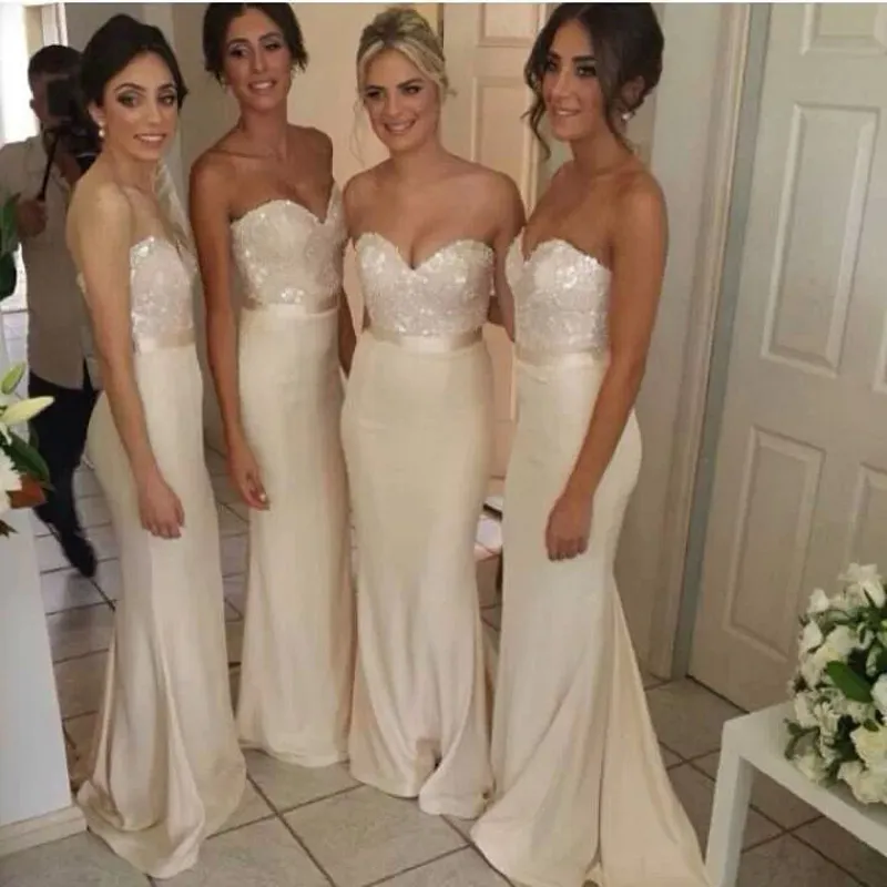 Long beige bridesmaid discount dresses