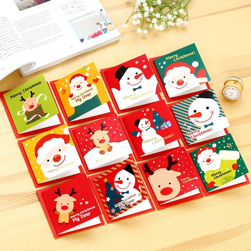 12 sztuk / partia Cute Cartoon Christmas Card Mini kartkę z życzeniami Zestawy wiadomości błogosławieństwa kartę z kopertami