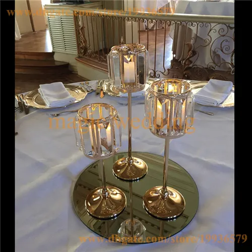 Zestaw 3 Gold Sparkle Taster Crystal Candle Holder Stand Candle Starepieces Ślubne