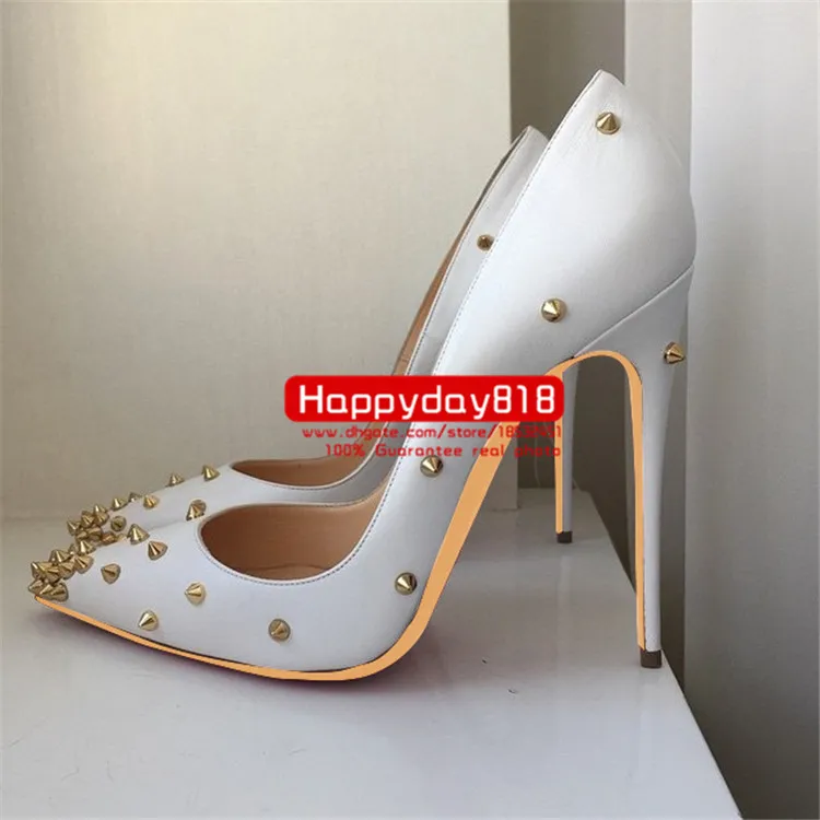 Dorywczo projektant Sexy Lady Moda Kobiety Buty Czarny Nude Kid Leather Spikes Point Toe Heal Heels Stiletto Stripper Prom Evening Sandals Buty Duży Rozmiar 44 12 CM