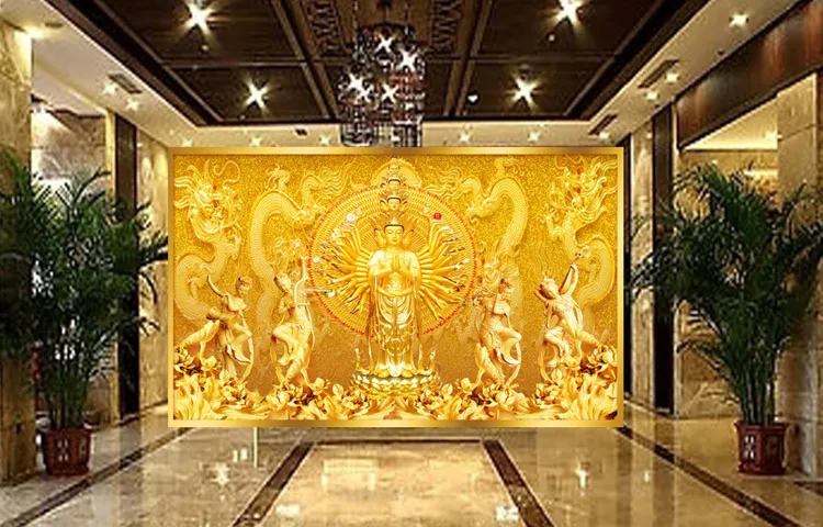 Gold Buddha Po Wallpaper Custom 3D Wall Murals Avalokitesvara Wallpaper Bedroom Living Room Office Art Room Decor Home Decorati6275005