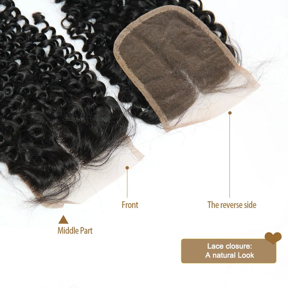 Peruana Curly Virgin cabelo Lace Encerramento Parte Oriente Livre Cabelo Humano Encerramento peruana profunda cabelo encaracolado Top Lace Closures 4x4Size Preto Natural