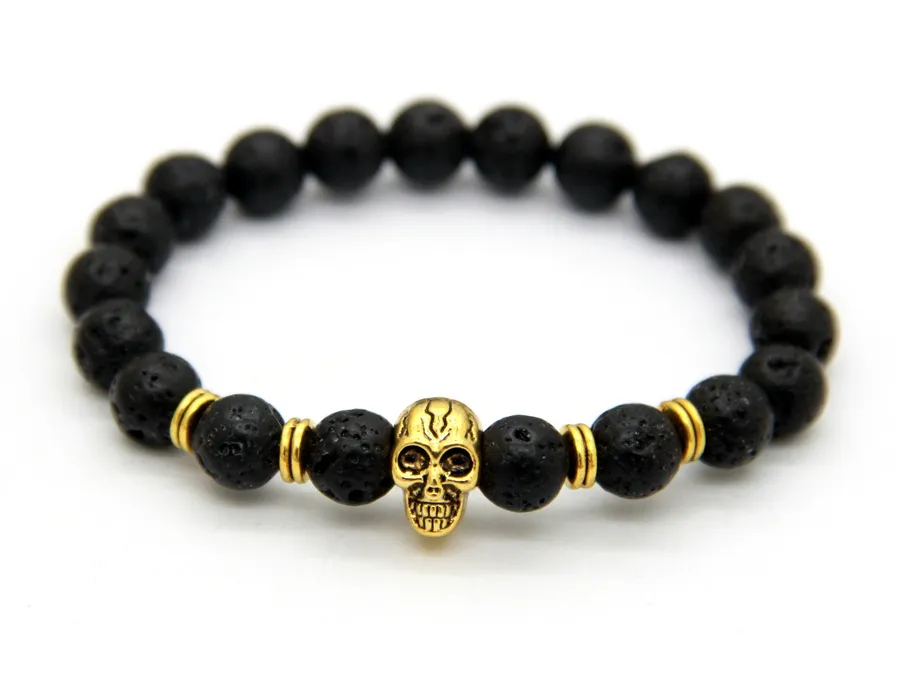 2015 New Products Whole Beaded 8MM Lava stone beads 24K Gold Skull Elastic Bracelets for Men and Women's Gift246L