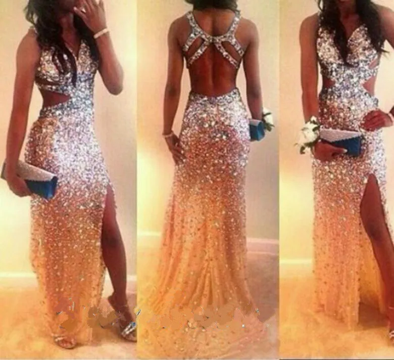 2018 Sparkly Beaded Shathed Prom Dresses Silver Long Sexy Avond Party Jurken met Cross Back Side Slit Formele Gelegenheid Toga's Custom Made