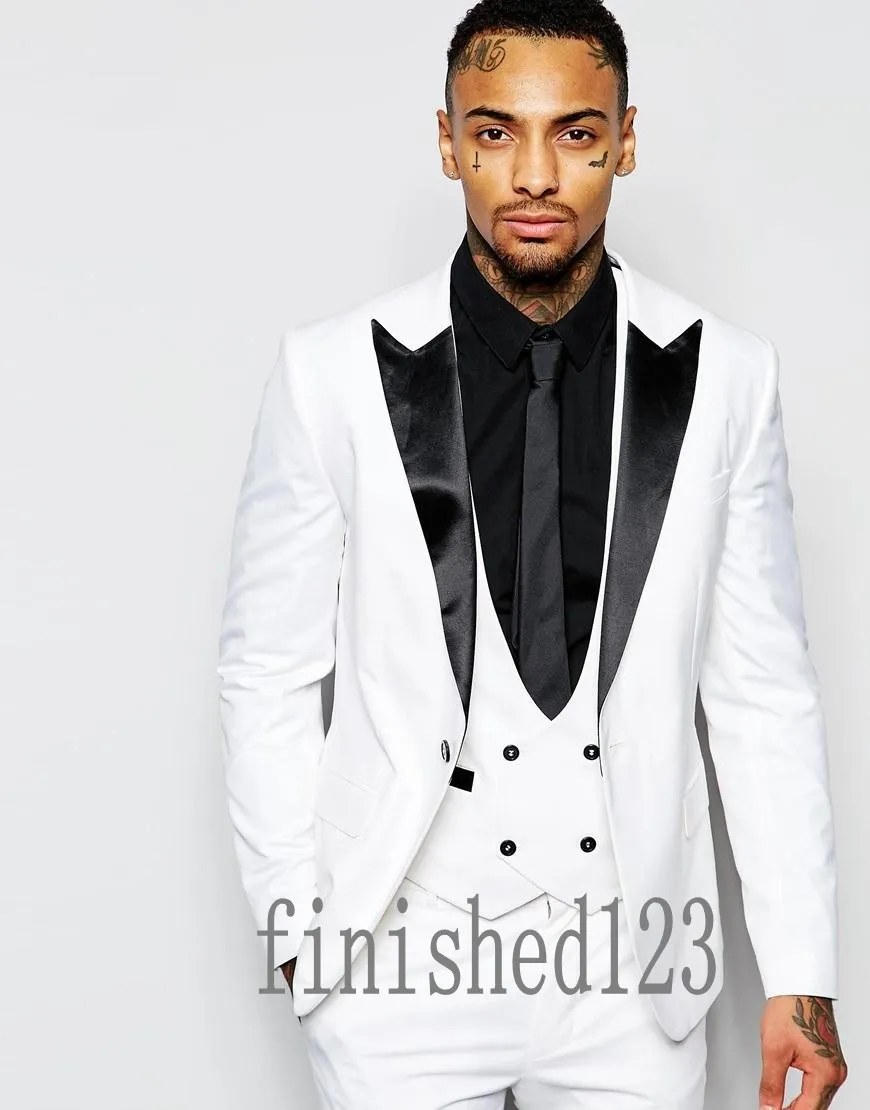 2016 New Arrival One Button White Groom Tuxedos Peak Lapel Groomsmen Best Man Wedding Prom Dinner Suits (Jacket+Pants+Vest+Tie) G5029