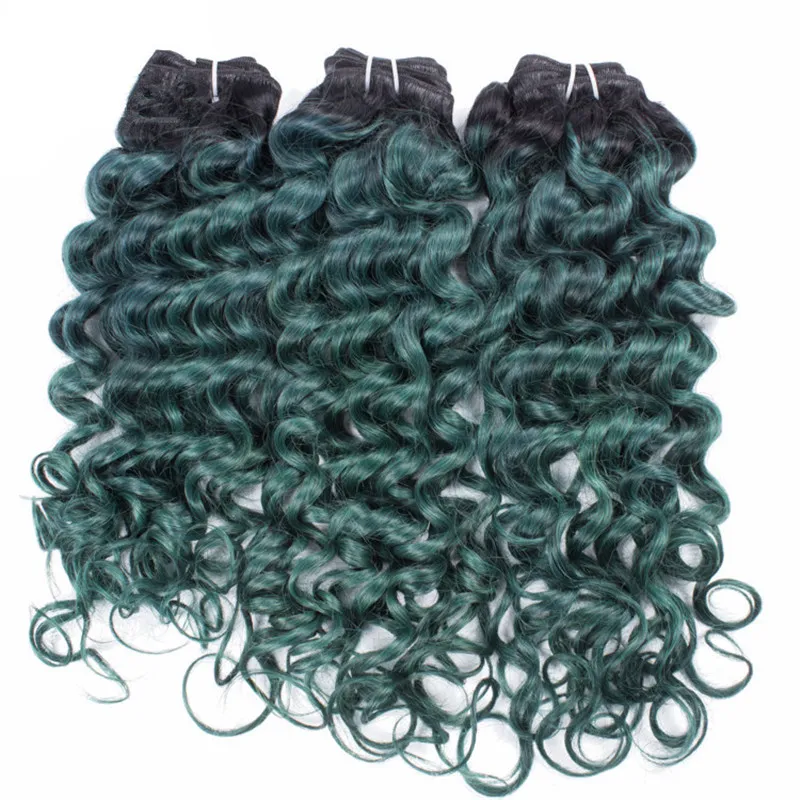 Ombre mänskliga hårbuntar Deep Wave Green Two Tone Colored Deep Curly Hair Weft Brasiliansk Virgin Hair Weave5849792