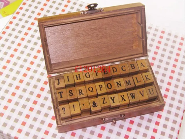 In Wooden Box Wood antique Stamp SchoolBook Type ALPHABET Symbols Upper case & Lower case,/