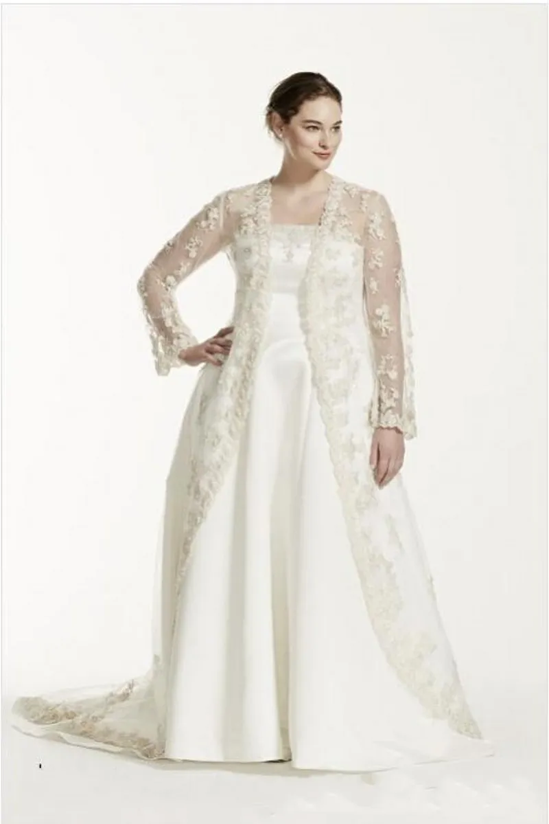 2016 Zweiteilige Brautkleider in Übergröße, trägerlos, A-Linie, Brautkleider mit transparenter, langärmliger Spitzenjacke, maßgeschneiderte Brautkleider