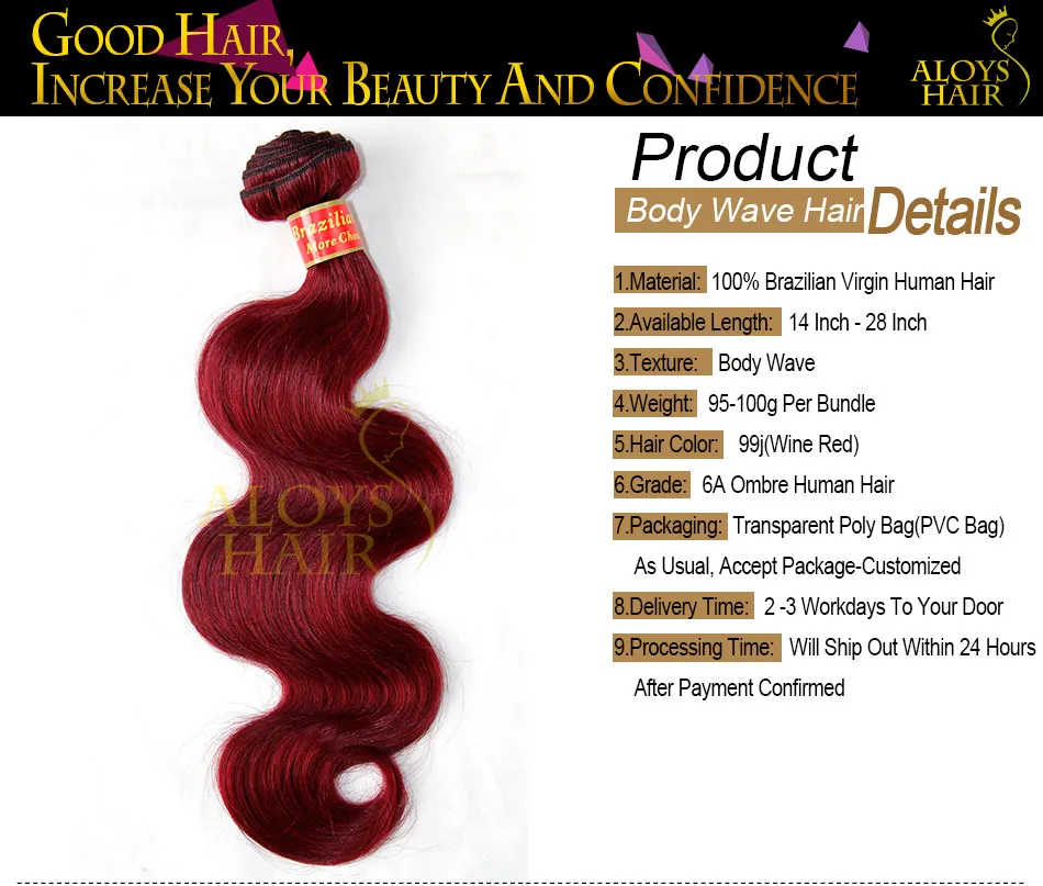 Burgundy Brasilianska Virgin Hair Weaves Bundlar Vin Röd 99J Brazilian Virgin Hair Body Wave Tangle Gratis Remy Human Hair Extensions Weft