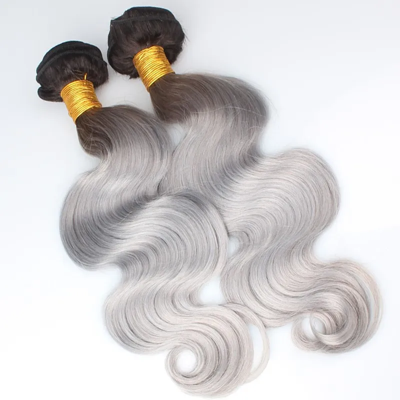 Meilleure vente !! Argent Gris Ombre Extensions de Cheveux Humains ombre gris Brésilien vierge cheveux corps vague 2 ton ombre gris Péruvien remy cheveux armure